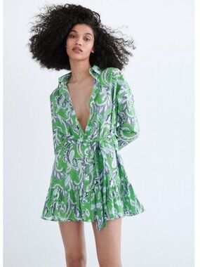 SOBE Sz. M Green Paisley Long Sleeve Button Up Shirt Dress